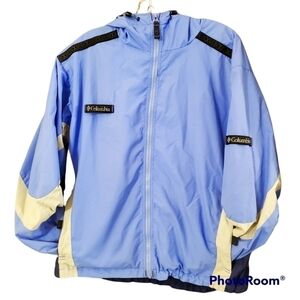 Columbia blue colour block zip front hooded packable jacket large